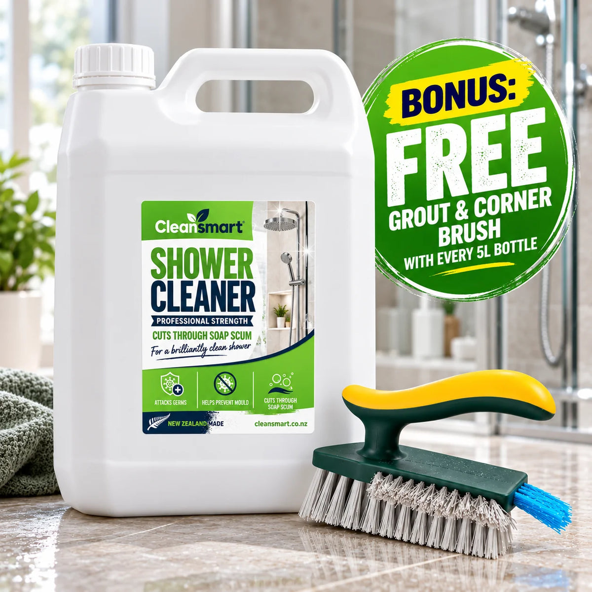 Cleansmart Shower Cleaner 5L with free grout and corner brush