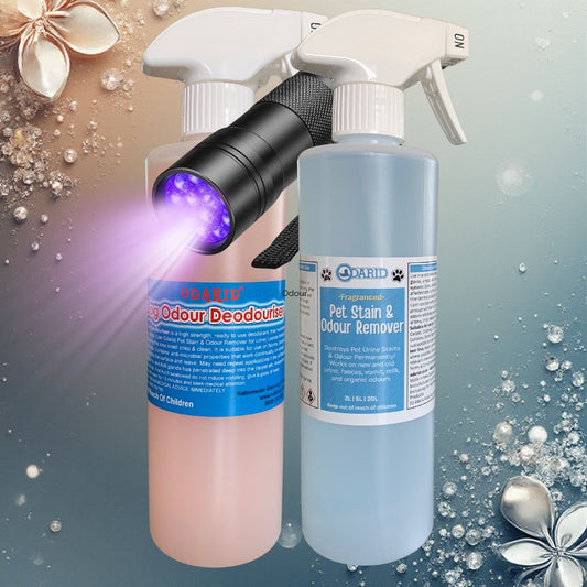Two spray bottles with UV light feature on a decorative background