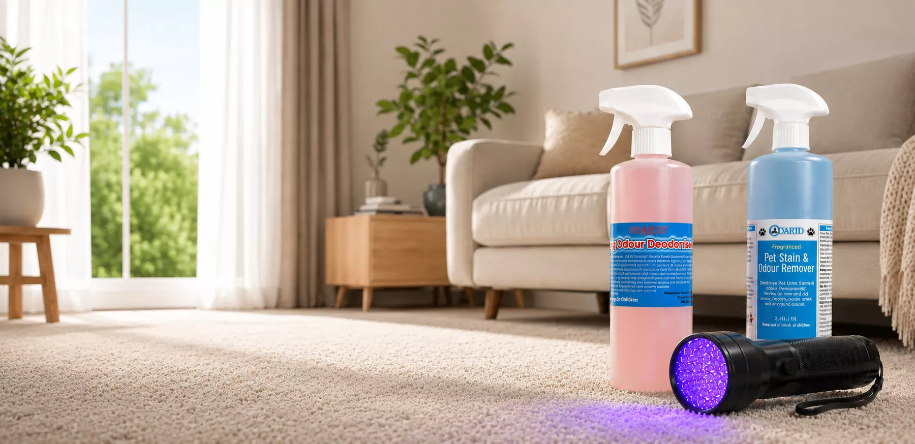 Two Odarid spray bottles and a UV light blacklight on a beige carpet in a living room setting. The bottle on the left contains pink liquid and is labeled 'Pet Odour Deodoriser, while the bottle on the right contains blue liquid and is labeled 'Odarid Pet Odour and Stain Remover'.