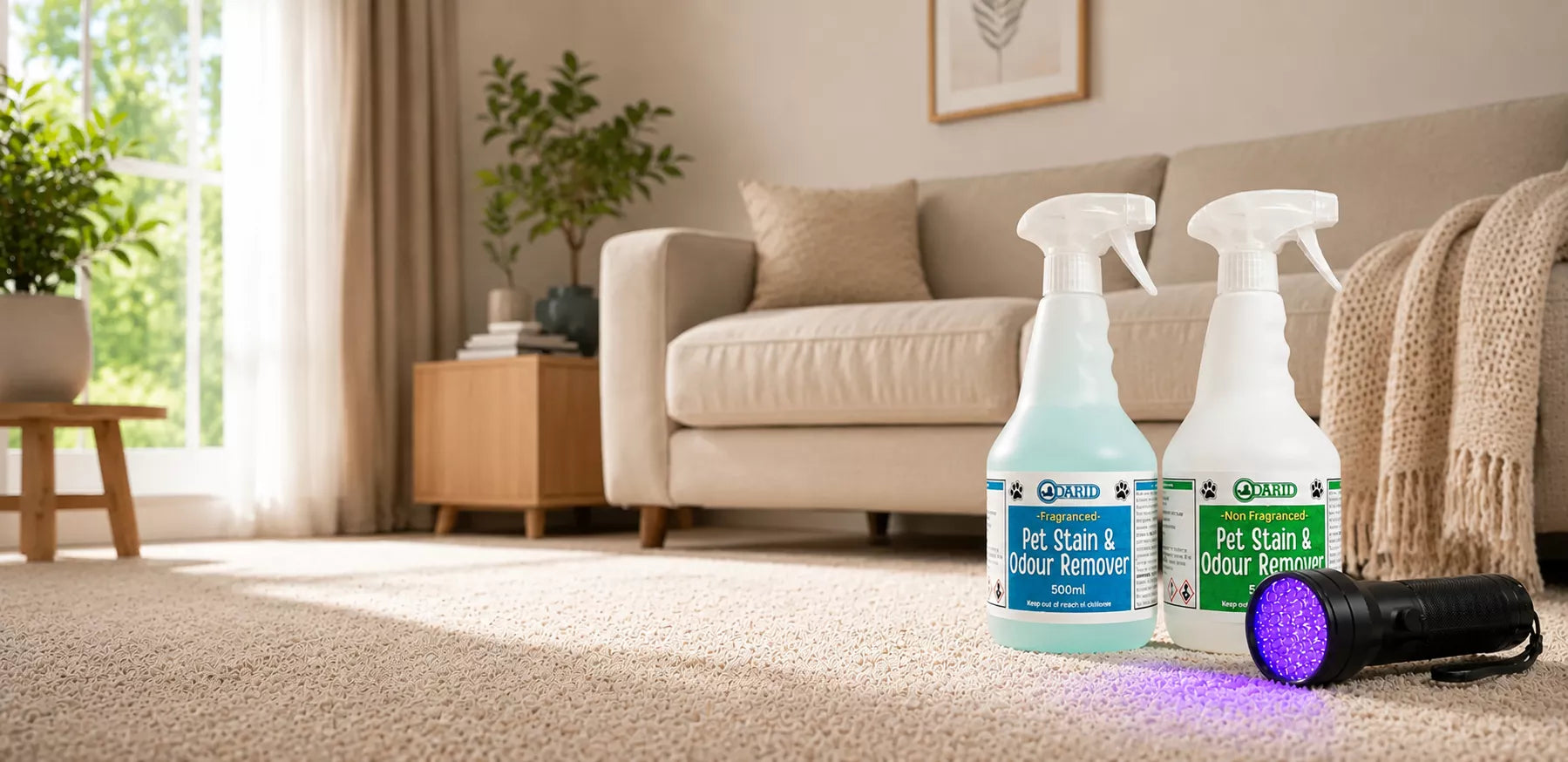 Cleansmart Hero Page with Odarid Bottles and Blacklight