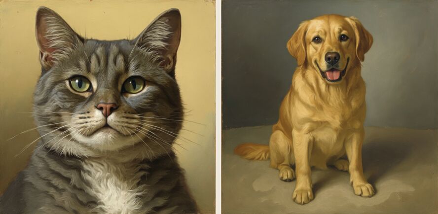 AI companion portrait example - side-by-side cat and dog oil painting style