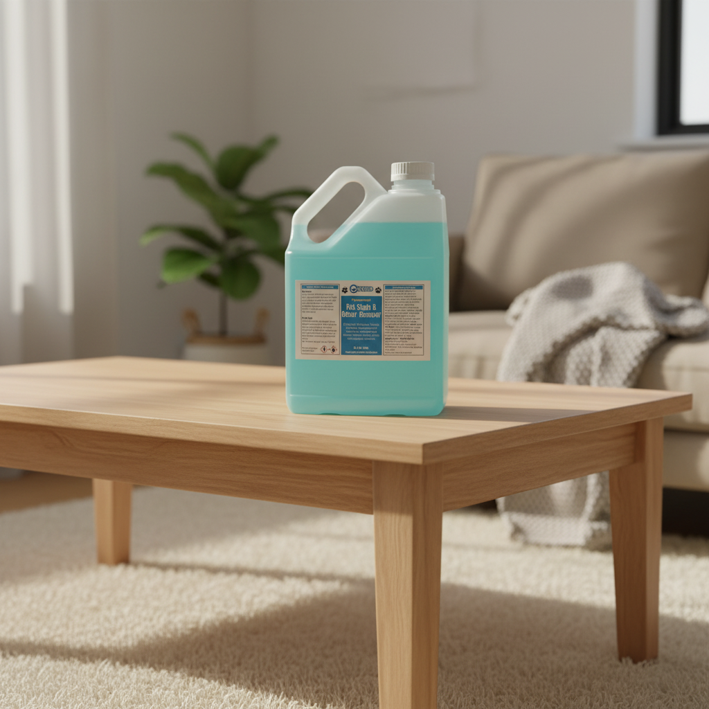 A 2 Litre bottle of Odarid cleaning liquid sitting on a light wood coffee table in a cozy, softly lit living room with a sofa, plant, and carpeted floor.