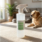 Odarid pet odour remover 500ml spray bottle beside a dog on carpet