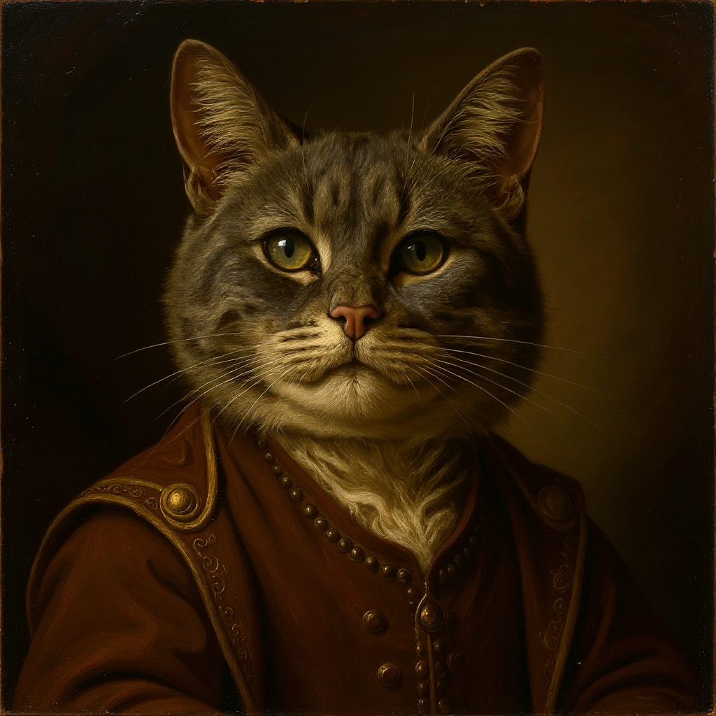 AI pet portrait example - Renaissance style, cat in dark vintage jacket