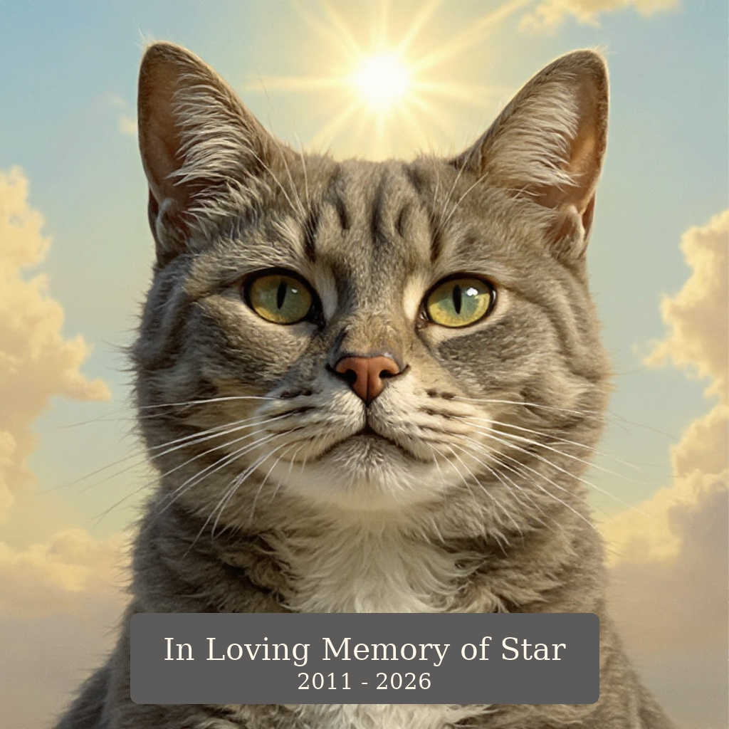 AI pet portrait example - Memorial style, cat with In Loving Memory text overlay