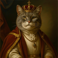 AI pet portrait example - Royal style, cat wearing crown and red/gold robe