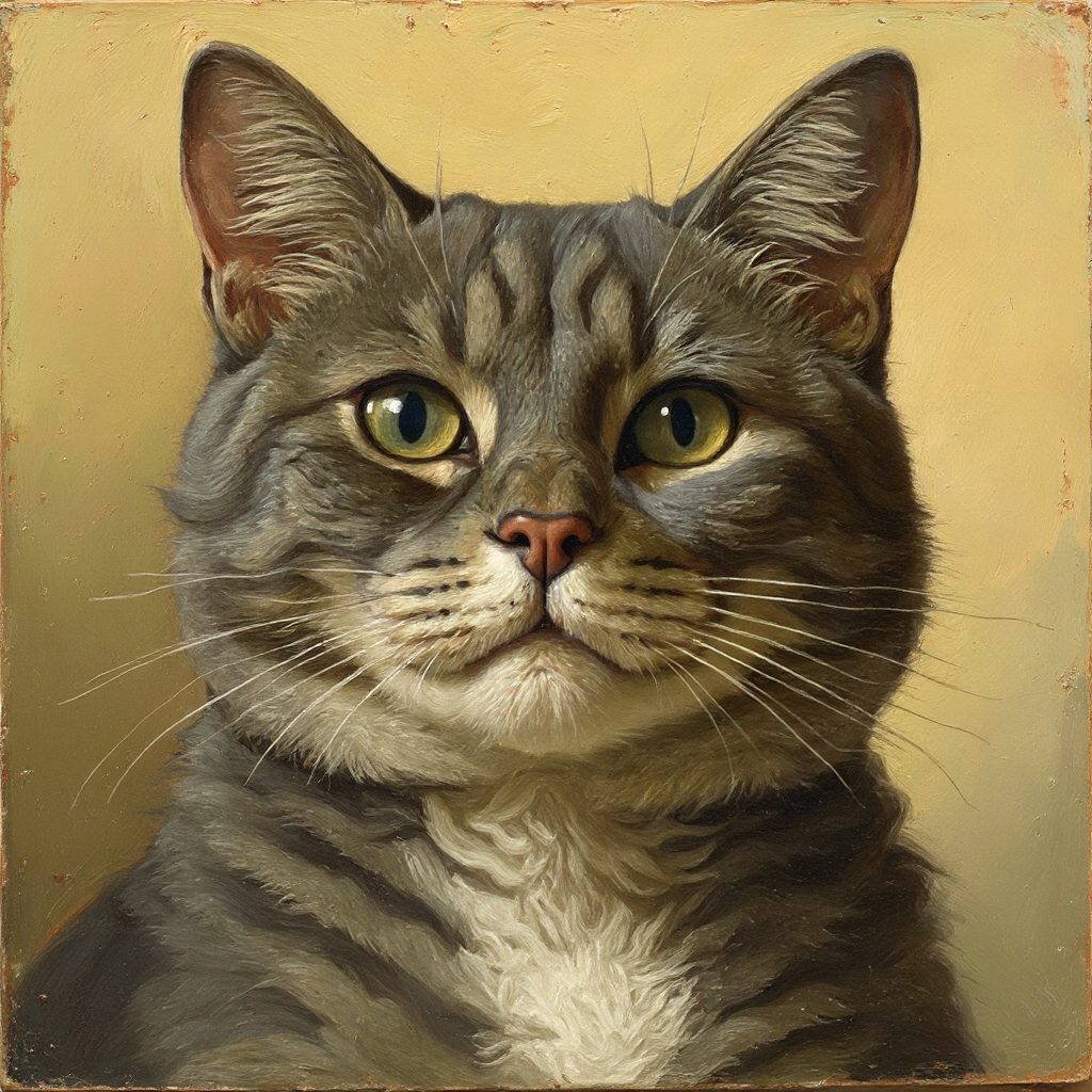 AI pet portrait example - Oil Painting style, cat with golden background