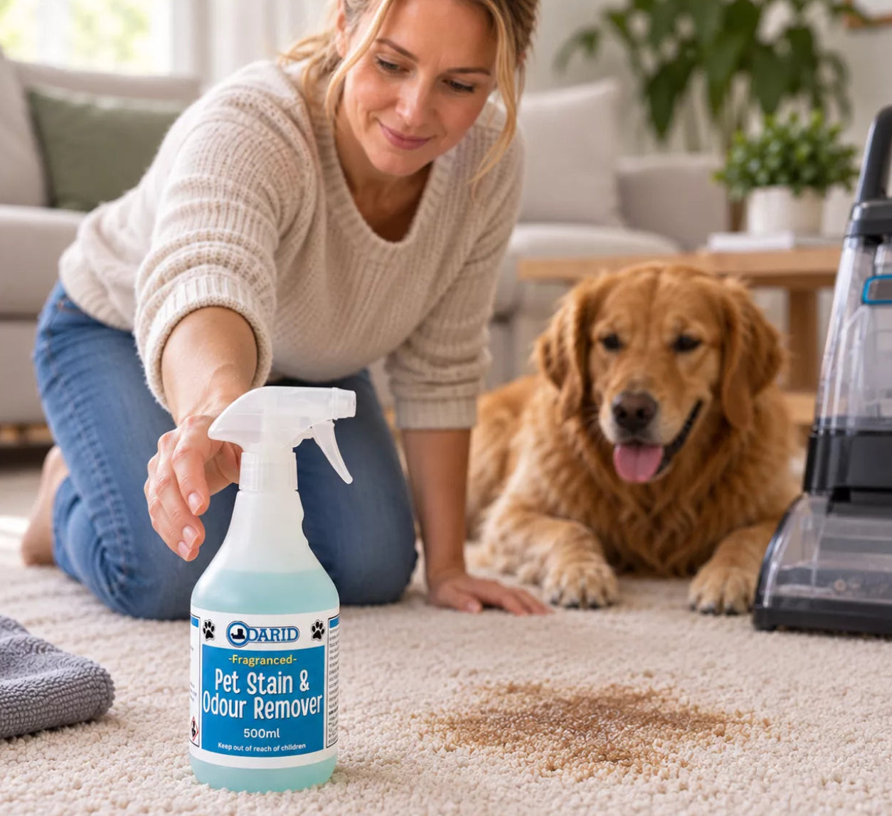 A woman kneels on a beige carpet in a living room, holding a bottle of Odarid Pet Stain & Odour Remover next to a brown pet stain. A golden retriever dog is lying on the carpet in the background, and a vacuum cleaner is visible on the right.