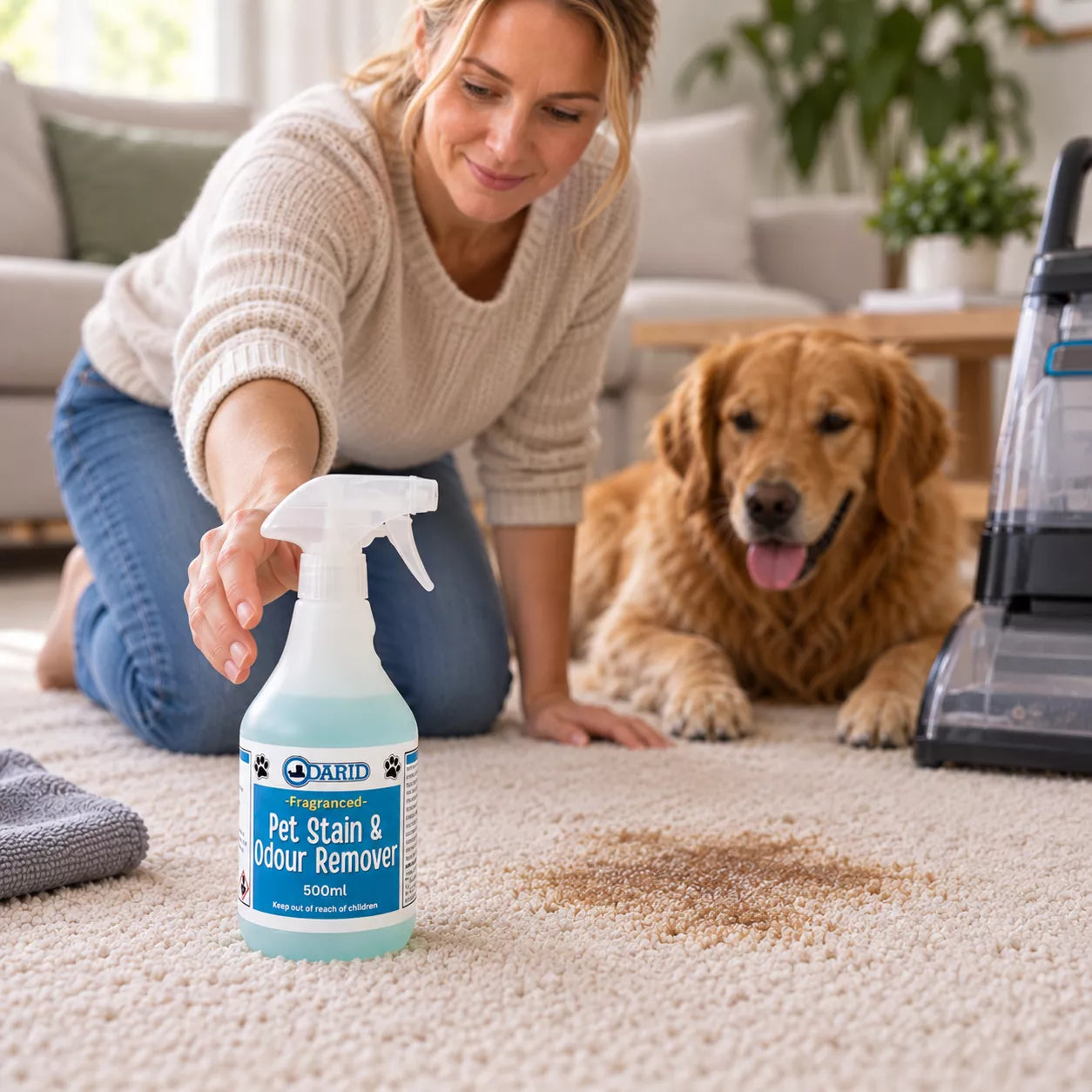 A woman kneels on a beige carpet in a living room, holding a bottle of Odarid Pet Stain & Odour Remover next to a brown pet stain. A golden retriever dog is lying on the carpet in the background, and a vacuum cleaner is visible on the right.